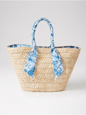 Mark & Graham Straw Tote with Blue Floral Scarf Handles